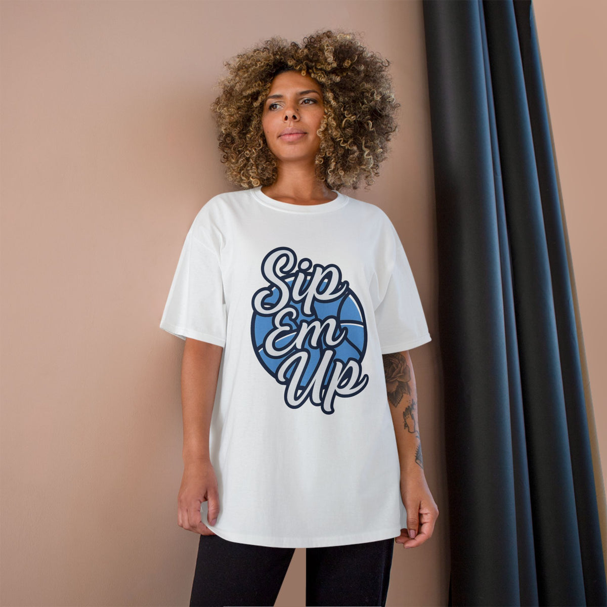 Champion T-Shirt with 'Sip Em Up' Design, Casual Wear, Gift for Coffee Lovers, Trendy Summer Style, Perfect for Parties or Gatherings