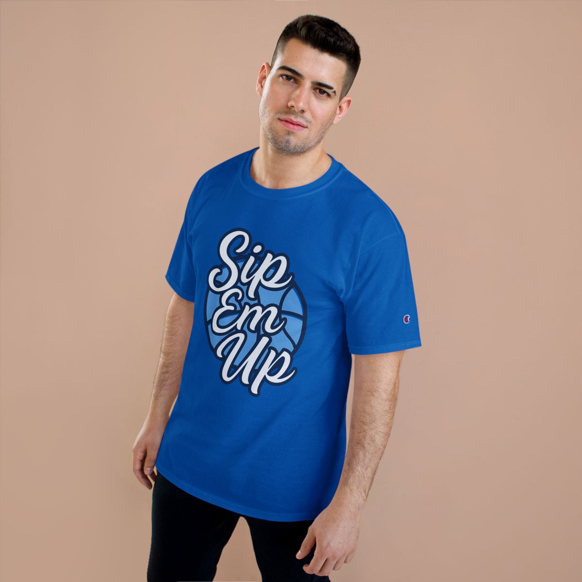Champion T-Shirt with 'Sip Em Up' Design, Casual Wear, Gift for Coffee Lovers, Trendy Summer Style, Perfect for Parties or Gatherings