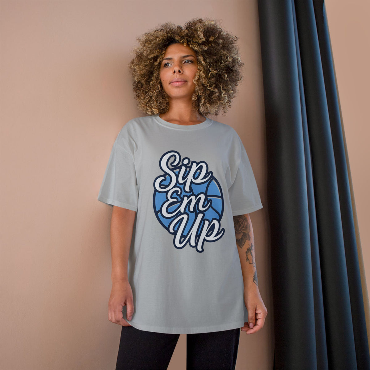 Champion T-Shirt with 'Sip Em Up' Design, Casual Wear, Gift for Coffee Lovers, Trendy Summer Style, Perfect for Parties or Gatherings
