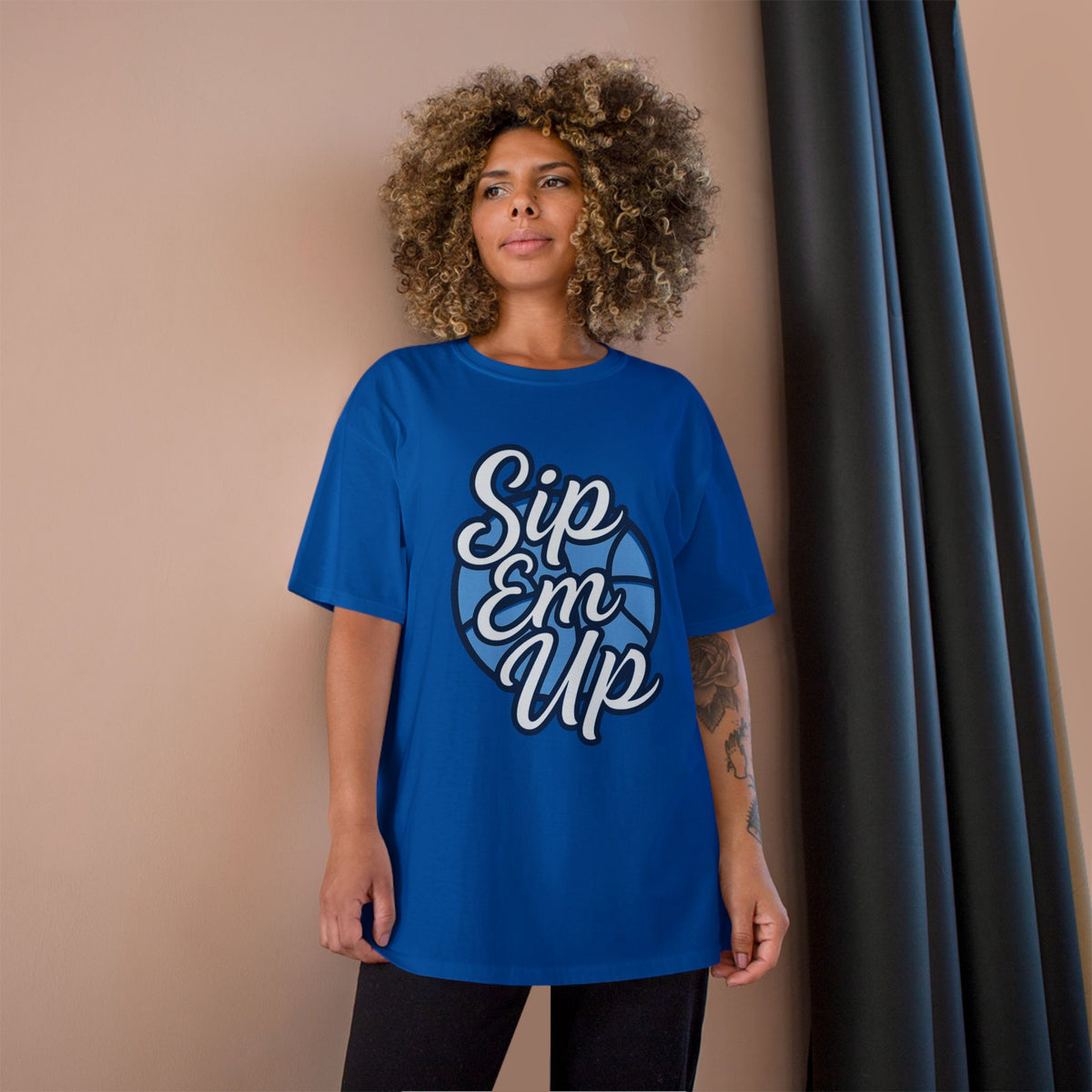 Champion T-Shirt with 'Sip Em Up' Design, Casual Wear, Gift for Coffee Lovers, Trendy Summer Style, Perfect for Parties or Gatherings